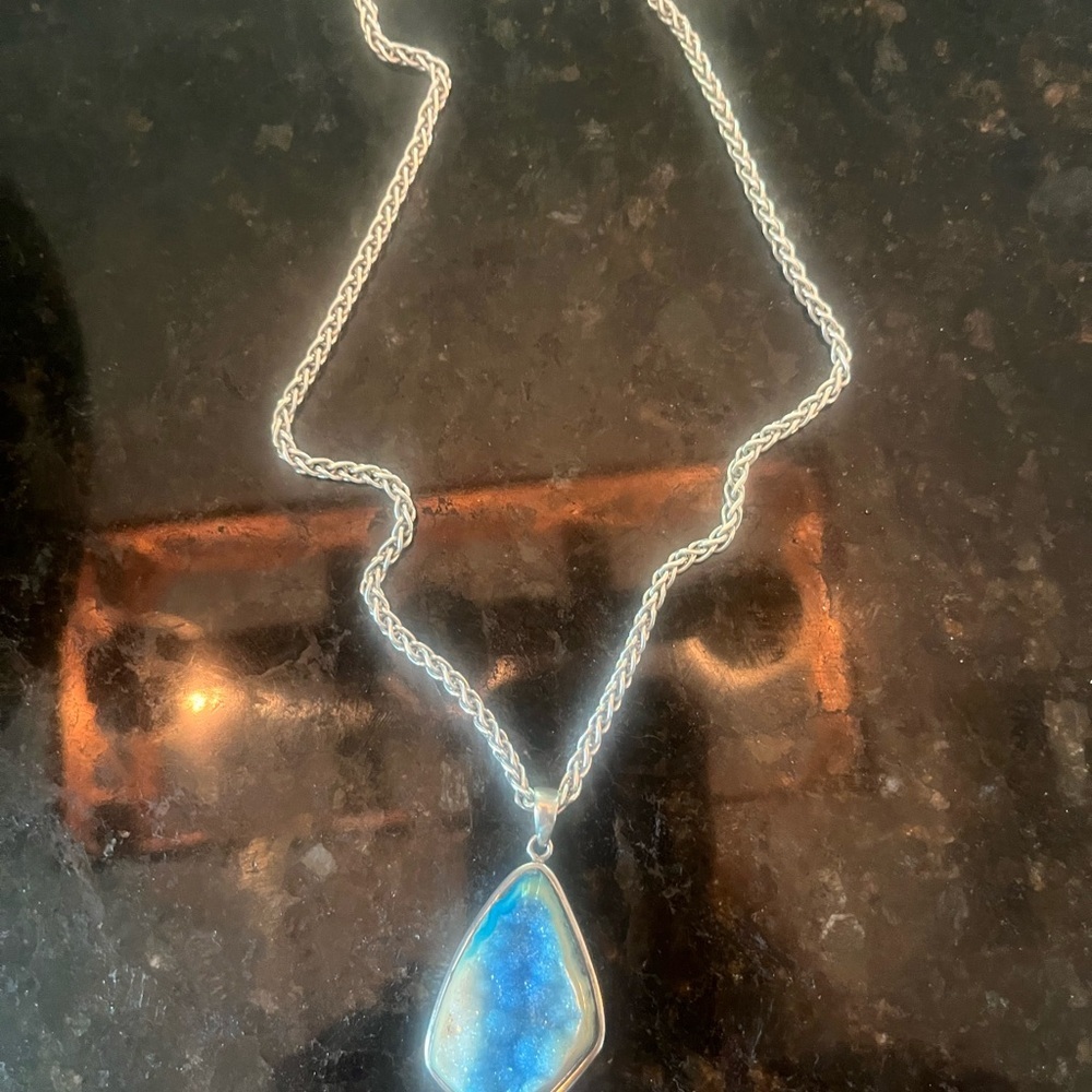 Blue Druze  Pendant on Sterling Silver Necklace